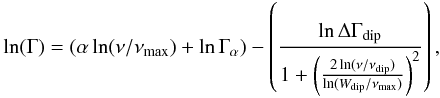 \begin{eqnarray} \ln(\Gamma)=(\alpha \ln(\nu/\nu_{\max})+\ln \Gamma_{\alpha})-\left(\frac{\ln \Delta \Gamma_{\rm dip}}{1+\left(\frac{2\ln(\nu/\nu_{\rm dip})}{\ln (W_{\rm dip}/\nu_{\rm max})}\right)^2}\right), \label{Eq_fit} \end{eqnarray}