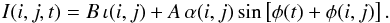 \begin{equation} \label{temporal_sinwave} I(i,j,t) = B\,\iota(i,j) + A\,\alpha(i,j) \sin\left[\phi(t) + \phi(i,j)\right] . \end{equation}