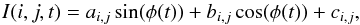 \begin{equation} \label{temporal_sinwave_linearized_fit} I(i,j,t) = a_{i,j} \sin(\phi(t)) + b_{i,j} \cos(\phi(t)) + c_{i,j}, \end{equation}
