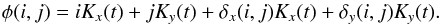 \begin{equation} \label{pixel_phase} \phi(i,j) = iK_x(t)+jK_y(t) + \delta_x(i,j)K_x(t) + \delta_y(i,j)K_y(t). \end{equation}