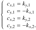 \appendix \setcounter{section}{1} \begin{equation} \left\{ \begin{array}{ll} c_{x,1} = k_{y,1}\\ c_{y,1} = - k_{x,1}\\ c_{x,2}= k_{y,2}\\ c_{y,2}= - k_{x,2}.\\ \end{array}\right. \end{equation}