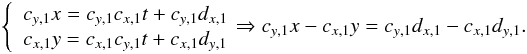 \appendix \setcounter{section}{1} \begin{eqnarray} \nonumber \left\{ \begin{array}{ll} c_{y,1} x = c_{y,1} c_{x,1} t + c_{y,1} d_{x,1}\\ c_{x,1} y = c_{x,1} c_{y,1} t + c_{x,1} d_{y,1} \end{array}\right. \!\!\!\Rightarrow c_{y,1} x - c_{x,1} y = c_{y,1} d_{x,1} - c_{x,1} d_{y,1}. \end{eqnarray}