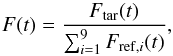 \begin{equation} \label{eqflux} F(t) = \dfrac {F_{\rm tar}(t)} {\sum_{i=1}^{9}F_{\rm ref,\it i}(t)}, \end{equation}
