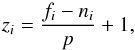\begin{equation} z_i = \frac{f_i - n_i}{p} + 1, \label{czesla} \end{equation}