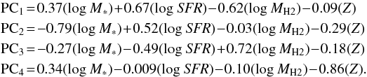 \begin{eqnarray*} && {\rm PC}_1 \!= \! 0.37{\rm (log \; {\it M}_*)} \!+ \! 0.67 {\rm (log \; {\it SFR})} \!- \! 0.62 {\rm (log \; {\it M}_{H2})} \!- \! 0.09 ({\it Z})\\ && {\rm PC}_2 \!= \! -0.79{\rm (log \; {\it M}_*)} \!+ \! 0.52 {\rm (log \; {\it SFR})} \!- \! 0.03 {\rm (log \; {\it M}_{H2})} \!- \! 0.29 ({\it Z})\\ && {\rm PC}_3 \!= \! -0.27 {\rm (log \; {\it M}_*)} \!- \! 0.49 {\rm (log \; {\it SFR})} \! + \! 0.72 {\rm (log \; {\it M}_{H2})} \!- \! 0.18 ({\it Z})\\ && {\rm PC}_4 \! = \! 0.34{\rm (log \; {\it M}_*)} \!- \! 0.009 {\rm (log \; {\it SFR})} \!- \!0.10 {\rm (log \; {\it M}_{H2})} \!- \!0.86 ({\it Z}). \end{eqnarray*}