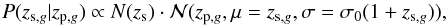 \begin{equation} \label{eq:prob1} P(z_{{\rm s},g}|z_{{\rm p},g})\propto N(z_{\rm s})\cdot\mathcal{N}(z_{{\rm p},g},\mu=z_{{\rm s},g},\sigma=\sigma_0(1+z_{{\rm s},g})), \end{equation}