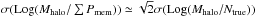 \hbox{$\sigma({\rm Log}(M_{\rm halo}/\sum P_{\rm mem}))\simeq\sqrt{2}\sigma({\rm Log}(M_{\rm halo}/N_{\rm true}))$}