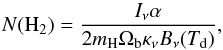 \begin{equation} N({\rm H}_{2}) = \frac{I_{\nu}\alpha}{2m_{\rm H}\Omega_{\rm b}\kappa_{\nu}B_{\nu}(T_{\rm d})}, \label{column_density} \end{equation}
