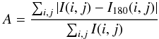 \begin{equation} A = \frac{\sum_{i,j} |I(i,j) - I_{180}(i,j)|}{\sum_{i,j} I(i,j)} \end{equation}