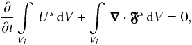 \begin{equation} \frac{\partial}{\partial t}\int\limits_{V_{\bs{i}}}\, {U}^s\,\mrm{d}V + \int\limits_{V_{\bs{i}}}\, \bs{\nabla}\cdot\bs{\mfk{F}}^s\,\mrm{d}V = 0, \label{eq:inteuler} \end{equation}
