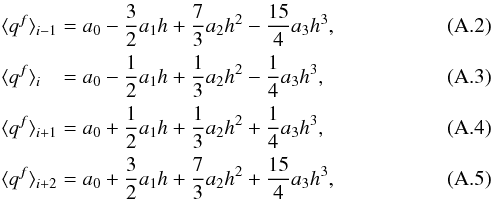 \appendix \setcounter{section}{1} \begin{eqnarray} &&\avg{q^f}_{i-1}= a_0-\frac{3}{2}a_1h+\frac{7}{3}a_2h^2-\frac{15}{4}a_3h^3,\\ &&\avg{q^f}_{i\ph{-1}}= a_0-\frac{1}{2}a_1h+\frac{1}{3}a_2h^2-\frac{1}{4}a_3h^3,\\ &&\avg{q^f}_{i+1}= a_0+\frac{1}{2}a_1h+\frac{1}{3}a_2h^2+\frac{1}{4}a_3h^3,\\ &&\avg{q^f}_{i+2}= a_0+\frac{3}{2}a_1h+\frac{7}{3}a_2h^2+\frac{15}{4}a_3h^3, \end{eqnarray}