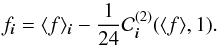 \begin{equation} f_{\bs{i}} = \avg{f}_{\bs{i}} - \frac{1}{24} \mathcal{C}^{(2)}_{\bs{i}}(\avg{f},1). \label{eq:cell<f>tof} \end{equation}