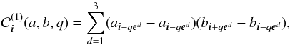 \begin{equation} \mathcal{C}^{(1)}_{\bs{i}}(a,b,q) = \sum_{d=1}^3 (a_{\bs{i}+q\bs{e}^d} - a_{\bs{i}-q\bs{e}^d}) (b_{\bs{i}+q\bs{e}^d} - b_{\bs{i}-q\bs{e}^d}), \label{eq:c1} \end{equation}