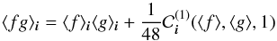 \begin{equation} \avg{fg}_{\bs{i}} = \avg{f}_{\bs{i}}\avg{g}_{\bs{i}} + \frac{1}{48} \mathcal{C}^{(1)}_{\bs{i}}(\avg{f},\avg{g},1) \label{eq:cell<fg>} \end{equation}