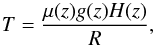 \begin{equation} T = \frac{\mu(z)g(z)H(z)}{R} \label{eq:temperature} , \end{equation}