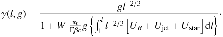 \begin{equation} \gamma(l, g) = \frac{ g l^{-2/3} }{ 1 + W~\frac{ x_0 }{ \Gamma\beta c } g\left\{\int^l_{1}l^{-2/3}\left[U_B + U_{\rm jet} + U_{\rm star}\right]{\rm d}l\right\} }\cdot \label{ga_losses} \end{equation}