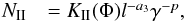 \begin{eqnarray} \label{eq:NII} N_{\rm II} & = K_{\rm II}(\Phi)l^{-a_3} \gamma^{-p} , \end{eqnarray}