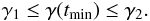 \begin{equation} \gamma_1 \leq \gamma(t_{\rm min} ) \leq \gamma_2. \end{equation}
