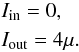 \begin{equation} \begin{aligned} &I_{\text{in}} = 0 ,\\ &I_{\text{out}} = 4 \mu . \end{aligned} \end{equation}