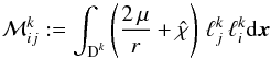 \appendix \setcounter{section}{1} \begin{equation} \mathcal M_{ij}^k := \int_{\D^k} \left( \frac{2\, \mu}{r} + \hat{\chi} \right)\, \ell^k_j \, \ell^k_i {\rm d}\x \label{eq:appendix_mass_matrix} \end{equation}
