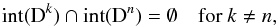 \begin{equation} {\rm int}(\D^k) \cap {\rm int}(\D^n) = \emptyset \quad \text{for } k\neq n, \end{equation}
