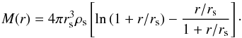 \begin{equation} \label{eq:mass} M(r) = 4\pi r_{\rm s}^{3}\rho_{\rm s} \left[\ln{(1+r/r_{\rm s}}) - \frac{r/r_{\rm s}}{1+r/r_{\rm s}}\right]\cdot \end{equation}