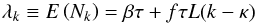 \begin{equation} \lambda_k \equiv {E}\left( N_k \right) = \beta\tau + f\tau L(k - \kappa) \label{eq:winModel} \end{equation}