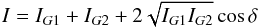 \begin{equation} I = I_{G1} + I_{G2} + 2\sqrt{I_{G1} I_{G2}} \cos \delta \end{equation}