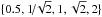 \hbox{$\{0.5, 1\!/\!\sqrt{2}, 1, \sqrt{2}, 2\}$}