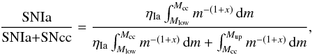 \begin{equation} \label{eq:SNIa_to_lowmassstars} \frac{\text{SNIa}}{\text{SNIa+SNcc}} = \frac{\eta_\text{Ia}\int_{M_\text{low}}^{M_\text{cc}} m^{-(1+x)} \,{\rm d}m}{\eta_\text{Ia}\int_{M_\text{low}}^{M_\text{cc}} m^{-(1+x)} \,{\rm d}m + \int_{M_\text{cc}}^{M_\text{up}} m^{-(1+x)} \,{\rm d}m} , \end{equation}