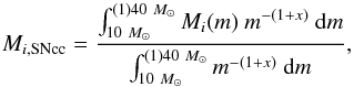 \begin{equation} \label{eq:IMF_integration} M_{i,\text{SNcc}} = \frac{\int_{10~M_\sun}^{(1)40~M_\sun} M_i (m) \ m^{-(1+x)} \ {\rm d}m}{\int_{10~M_\sun}^{(1)40~M_\sun} m^{-(1+x)} \ {\rm d}m}, \end{equation}