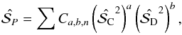 \begin{equation} \poly = \sum C_{a,b,n} \left(\cl^{2}\right)^{a} \left(\dich^{2}\right)^{b}, \end{equation}
