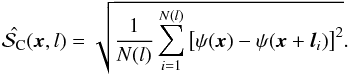 \begin{equation} \cl (\vec{x},l) = \sqrt{ \frac{1}{N(l)} \sum_{i=1}^{N(l)} \left[\ang(\vec{x}) - \ang (\vec{x}+\vec{l}_i ) \right]^2 }. \label{eq:dpsi} \end{equation}