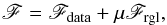 \begin{eqnarray} \label{eqn:cost} \mathscr{F} = \mathscr{F}_\mathrm{data} + \mu \mathscr{F}_\mathrm{rgl}, \end{eqnarray}