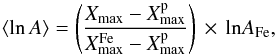 \begin{equation} \label{eq-xmax} \langle {\ln A}\rangle=\left(\frac{X_\mathrm{max}-X^\mathrm{p}_\mathrm{max}}{X^\mathrm{Fe}_\mathrm{max}-X^\mathrm{p}_\mathrm{max}}\right)\,\times\, \mathrm{ln} A_\mathrm{Fe}, \end{equation}