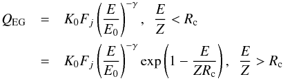 \begin{eqnarray} \label{eq-spectrum-Xgal} Q_\mathrm{EG}&=&K_0 F_ {j}\left(\frac{E}{E_0}\right)^{-\gamma},~~ \frac{E}{Z}< R_\mathrm{c}\nonumber\\ &=&K_0 F_ {j}\left(\frac{E}{E_0}\right)^{-\gamma}\exp\left(1-\frac{E}{ZR_\mathrm{c}}\right),~~ \frac{E}{Z}>R_\mathrm{c} \end{eqnarray}
