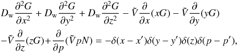 \appendix \setcounter{section}{1} \begin{eqnarray} \label{eq-diffusion} &&D_\mathrm{w}\frac{\partial^2 G}{\partial x^2}+D_\mathrm{w}\frac{\partial^2 G}{\partial y^2}+D_\mathrm{w}\frac{\partial^2 G}{\partial z^2}-\tilde{V}\frac{\partial}{\partial x}(xG)-\tilde{V}\frac{\partial}{\partial y}(yG)\nonumber\\ &&-\tilde{V}\frac{\partial}{\partial z}(zG)\!+\! \frac{\partial}{\partial p}(\tilde{V} p N) = -\delta(x-x^\prime)\delta(y-y^\prime)\delta(z)\delta(p-p^\prime), \end{eqnarray}