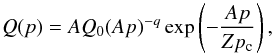 \begin{equation} \label{eq-source} Q(p)=AQ_0 (Ap)^{-q}\exp\left(-\frac{Ap}{Zp_\mathrm{c}}\right), \end{equation}