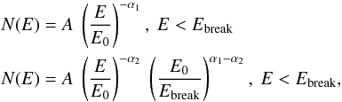 \begin{eqnarray} \begin{split} &N(E) = A~\left(\frac{E}{E_{0}}\right)^{-\alpha_{\rm 1}} , ~E<E_{\rm break} \\ &N(E) = A~\left(\frac{E}{E_{0}}\right)^{-\alpha_{\rm 2}} ~\left(\frac{E_0}{E_{\rm break}}\right)^{\alpha_{\rm 1}-\alpha_{\rm 2}}, ~E<E_{\rm break},\\ \end{split} \end{eqnarray}