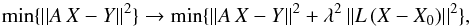 \begin{equation} \label{eq-regterm} \min\{||A\,X-Y||^2\} \rightarrow \min\{||A\,X-Y||^2 + \lambda^2 \,|| L \,(X-X_0) ||^2\}, \end{equation}