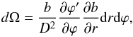 \begin{equation} \label{NCASF} d\Omega=\frac{b}{D^2}\frac{\partial \varphi'}{\partial \varphi}\frac{\partial b}{\partial r} {\rm d}r {\rm d}\varphi, \end{equation}