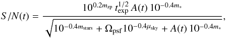 \begin{equation} S/N(t) = \frac{10^{0.2 m_{\rm zp}} \, t^{1/2}_{\rm exp} \, A(t) \, 10^{-0.4m_*}}{\sqrt{10^{-0.4 m_{\rm stars}} + \Omega_{\rm psf}10^{-0.4\mu_{\rm sky}} + A(t) \, 10^{-0.4m_*}}}, \label{eq:sn} \end{equation}