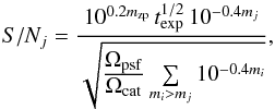 \begin{equation} S/N_j = \frac{10^{0.2 m_{\rm zp}} \, t^{1/2}_{\rm exp} \, 10^{-0.4m_j}}{\sqrt{\frac{\ts \Omega_{\rm psf}}{\ts \Omega_{\rm cat}} \sum\limits_{m_i > m_j} 10^{-0.4m_i}}}, \label{eq:resstar} \end{equation}