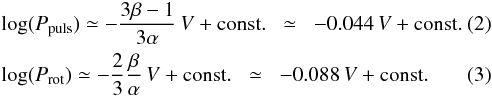 \begin{eqnarray} && \log(P_\mathrm{puls}) \simeq - \frac{3\beta-1}{3\alpha} \, V + \mathrm{const.} \;\; \simeq \;\; -0.044 \, V + \mathrm{const.} \label{Eq:Ppuls}\\ && \log(P_\mathrm{rot}) \simeq - \frac{2}{3} \frac{\beta}{\alpha} \, V + \mathrm{const.} \;\; \simeq \;\; -0.088 \, V + \mathrm{const.} \label{Eq:Prot} \end{eqnarray}