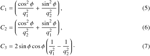\begin{eqnarray} && C_1 = \left(\frac{\cos^2 \phi }{q^2 _1} + \frac{\sin^2 \phi}{q^2 _2}\right), \label{c1} \\ && C_2 = \left(\frac{\cos^2 \phi }{q^2 _2} + \frac{\sin^2 \phi}{q^2 _1}\right), \label{c2} \\ && C_3 = 2 \sin \phi \cos \phi \left(\frac{1}{q^2 _1} - \frac{1}{q^2 _2}\right)\cdot \label{c3} \end{eqnarray}