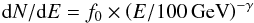 \begin{equation} {\rm d}N/{\rm d}E = f_0 \times \left(E/100\,\mathrm{GeV}\right)^{-\gamma}\ \end{equation}