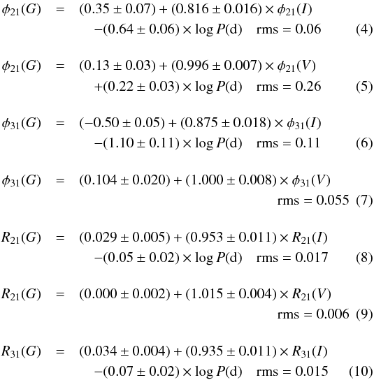 \begin{eqnarray} \phi_{21}(G)&=&(0.35 \pm 0.07)+(0.816\pm0.016)\times \phi_{21}(I)\nonumber\\ &&\quad - (0.64\pm 0.06)\times \log P{\rm (d)} ~~~~{\rm rms}=0.06 \\[4mm] \phi_{21}(G)&=&(0.13 \pm 0.03)+(0.996\pm0.007)\times \phi_{21}(V) \nonumber\\ &&\quad + (0.22\pm 0.03)\times \log P{\rm (d)} ~~~~{\rm rms}=0.26\\[4mm] \phi_{31}(G)&=&(-0.50 \pm 0.05)+(0.875\pm0.018)\times \phi_{31}(I)\nonumber\\ &&\quad -(1.10\pm 0.11)\times \log P{\rm (d)} ~~~~{\rm rms}=0.11\\[4mm] \phi_{31}(G)&=&(0.104 \pm 0.020)+(1.000\pm0.008)\times \phi_{31}(V)\nonumber\\ &&\hspace*{4.8cm}{\rm rms}=0.055 \\[4mm] R_{21}(G)&=&(0.029 \pm 0.005)+(0.953\pm0.011)\times R_{21}(I)\nonumber\\ &&\quad - (0.05\pm 0.02)\times \log P{\rm (d)} ~~~~{\rm rms}=0.017 \\[4mm] R_{21}(G)&=&(0.000 \pm 0.002)+(1.015\pm0.004)\times R_{21}(V) \nonumber\\ &&\hspace*{4.8cm}{\rm rms}=0.006\\[4mm] R_{31}(G)&=&(0.034 \pm 0.004)+(0.935\pm0.011)\times R_{31}(I) \nonumber\\ &&\quad - (0.07\pm 0.02)\times \log P{\rm (d)} ~~~~{\rm rms}=0.015 \end{eqnarray}