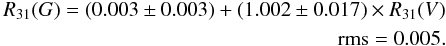 \begin{eqnarray} \begin{split} R_{31}(G)=(0.003\pm 0.003)+(1.002\pm0.017)\times R_{31}(V)\\ ~~~~{\rm rms}=0.005.\\ \end{split} \end{eqnarray}