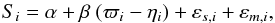 \begin{equation} \label{modelObservedQuantities} S_i = \alpha + \beta \ (\varpi_i - \eta_i) + \varepsilon_{s,i} + \varepsilon_{m,i}, \end{equation}