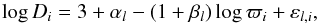 \begin{equation} \log D_i = 3+\alpha_l-(1+\beta_l)\log\varpi_i+\varepsilon_{l,i}, \label{logModel} \end{equation}